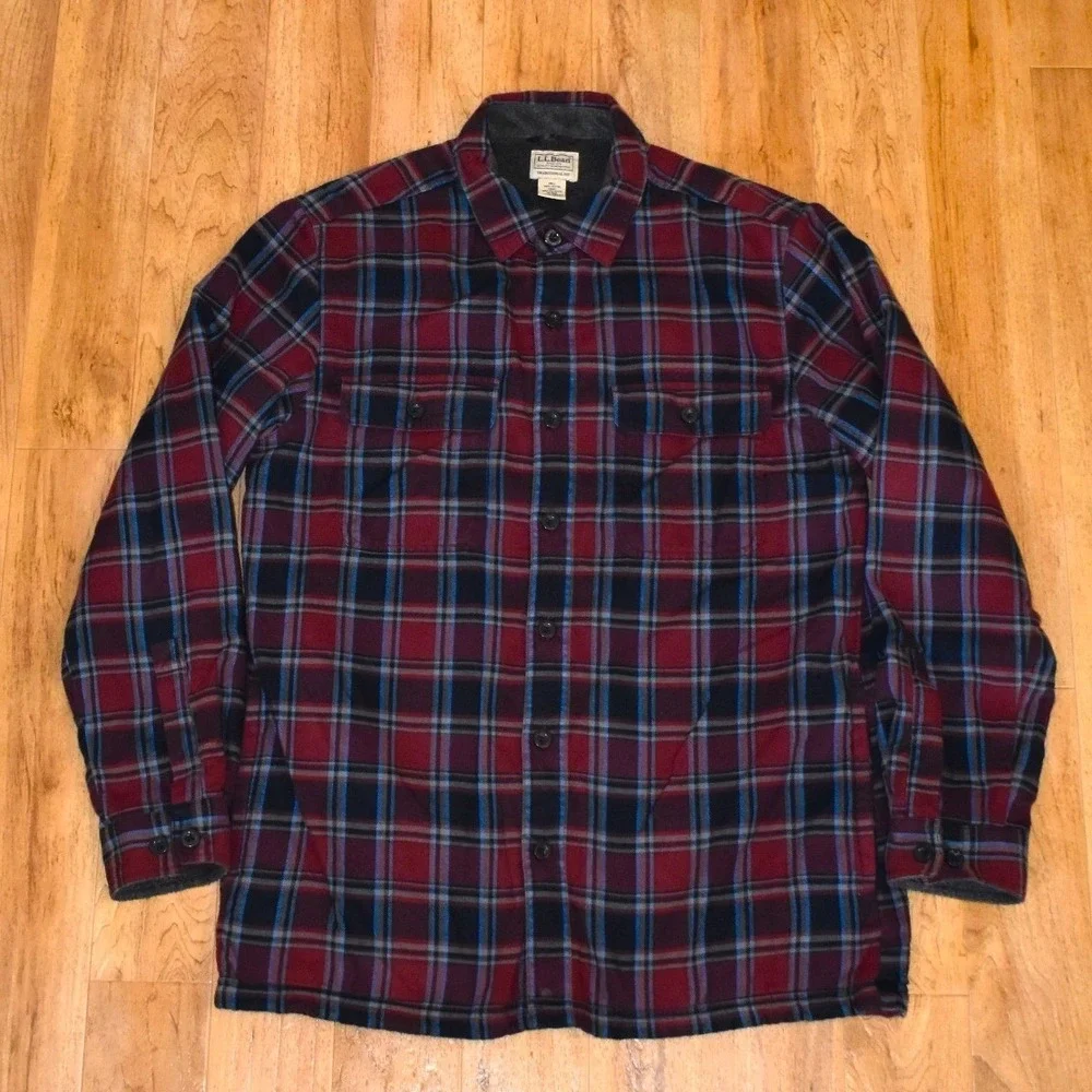 L.L. Bean Flannel Shacket Shirt Jacket Mens M Red Plaid Fleece Lined Traditional